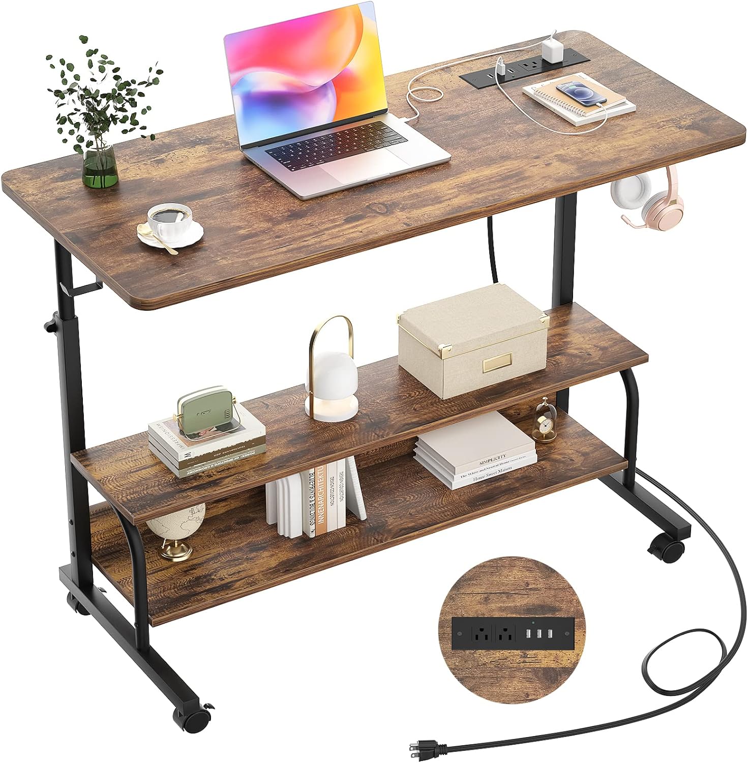 Height Adjustable Standing Desk with Power Outlets, 39 Manual Stand Up Desk with Storage Shelves Small Mobile Rolling Computer Desk Portable Laptop Table with Wheels for Home Office, Rustic