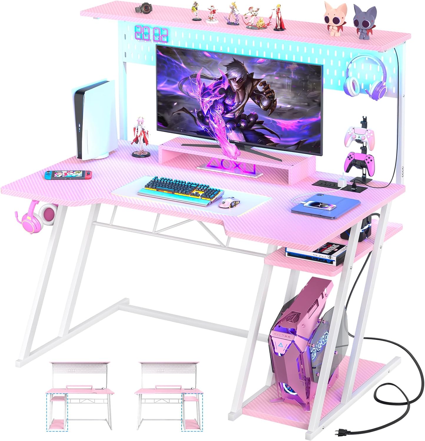 Gaming Computer Desk with Storage Shelves & Z-Shaped Legs, Pink Gaming Desk with Hutch and LED Lights, Reversible PC Gaming Desk with Pegboard for Bedroom & Small Spaces, Carbon Fiber Surface, 47''P