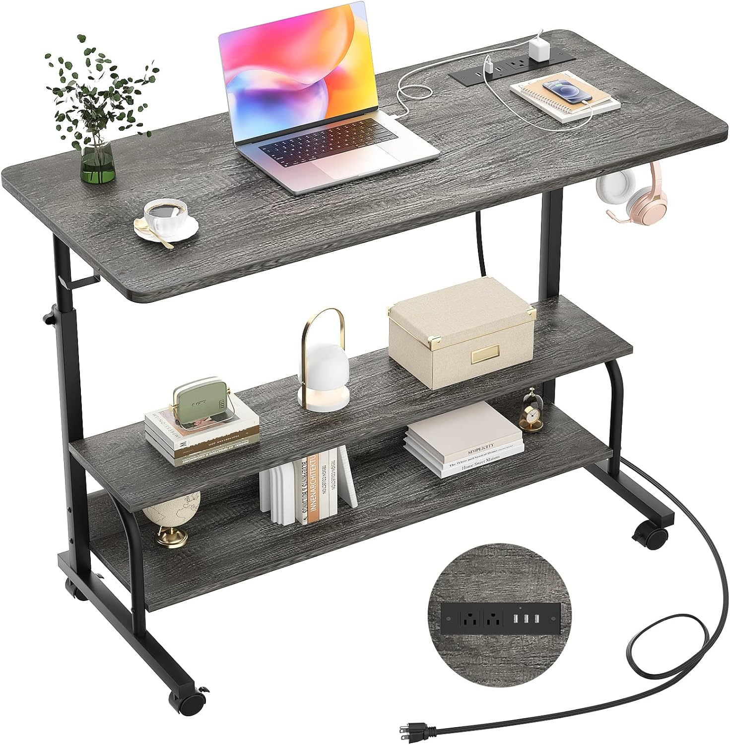 Height Adjustable Standing Desk with Power Outlets, 39 Manual Stand Up Desk with Storage Shelves Small Mobile Rolling Computer Desk Portable Laptop Table with Wheels for Home Office, Grey Oak