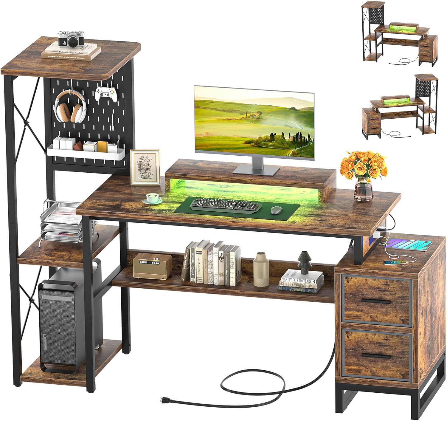 Computer Desk with 2 Fabric Drawers - Reversible Home Office Desk with Power Outlet & LED Lights, 53 Writing Desk with Monitor Stand & Storage Shelves, Gaming Desk with Pegboard, Rustic Brown