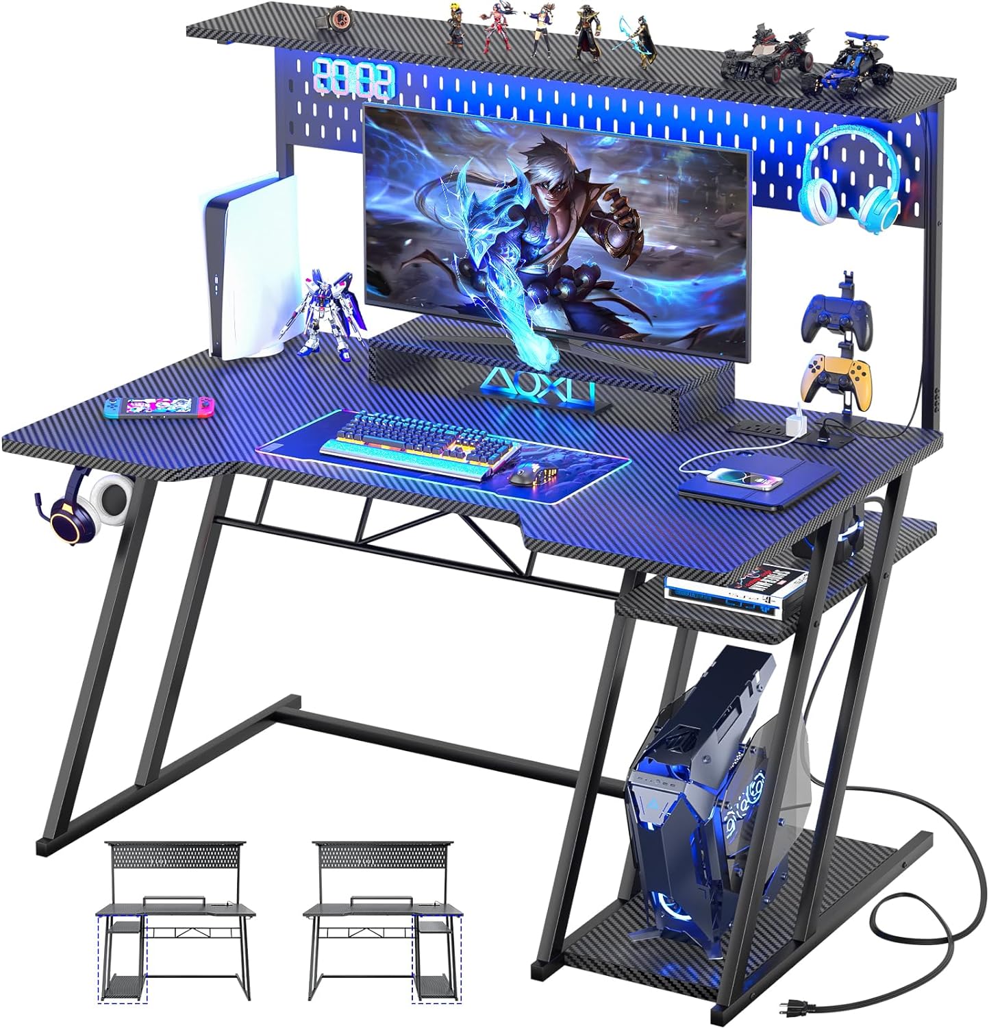 Gaming Computer Desk with Storage Shelves & Z-Shaped Legs, Black Gaming Desk with Hutch and LED Lights, Reversible PC Gaming Desk with Pegboard for Bedroom & Small Spaces, Carbon Fiber Surface, 47''