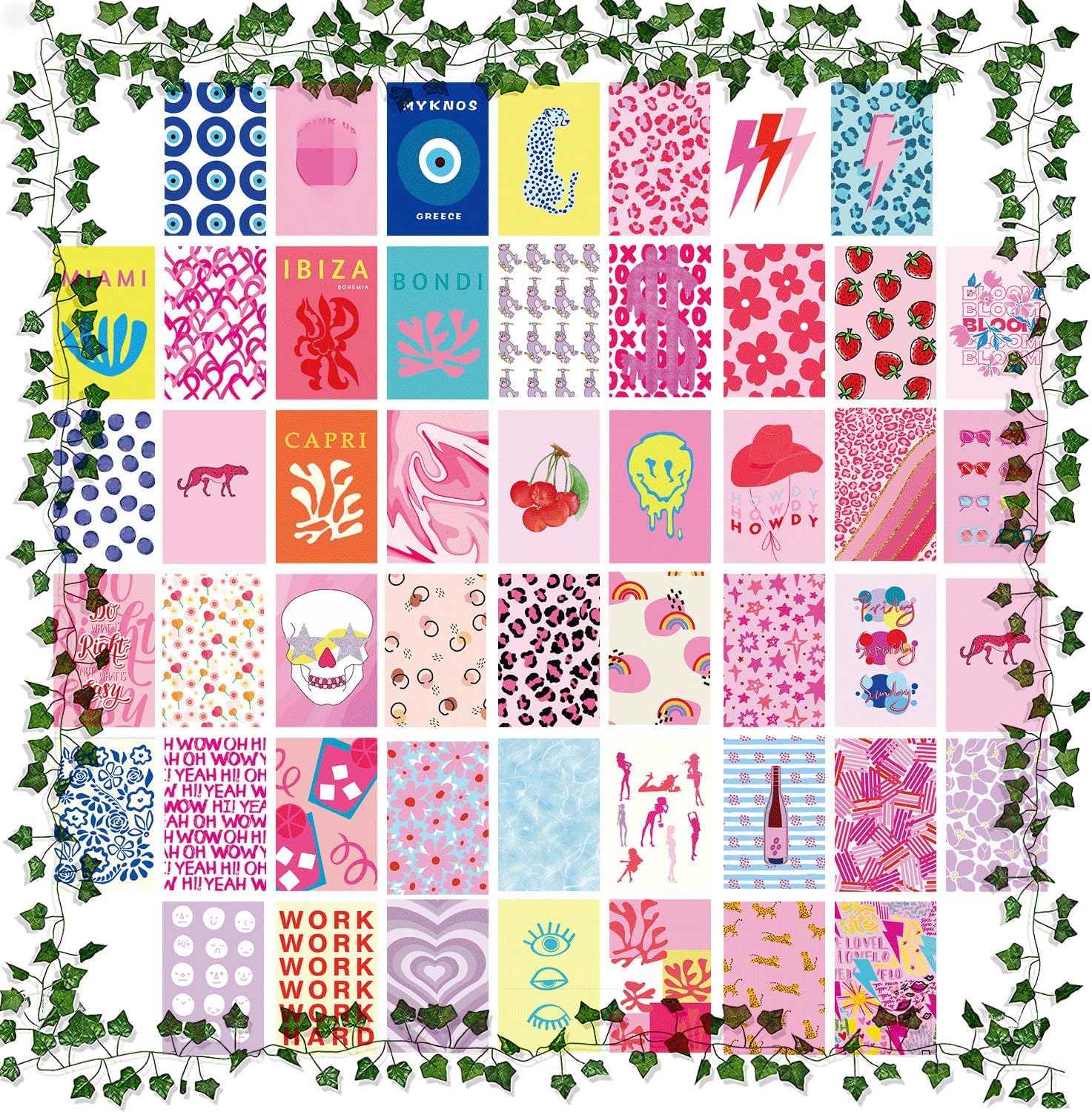 53 PCS Preppy Aesthetic Pictures Wall Collage Kit with Fake Vines,Mini Posters for Room Aesthetic Bedroom,Preppy Room Decor Aesthetic,Pink Photo Collage Kit,Cute Posters for Teen Girls