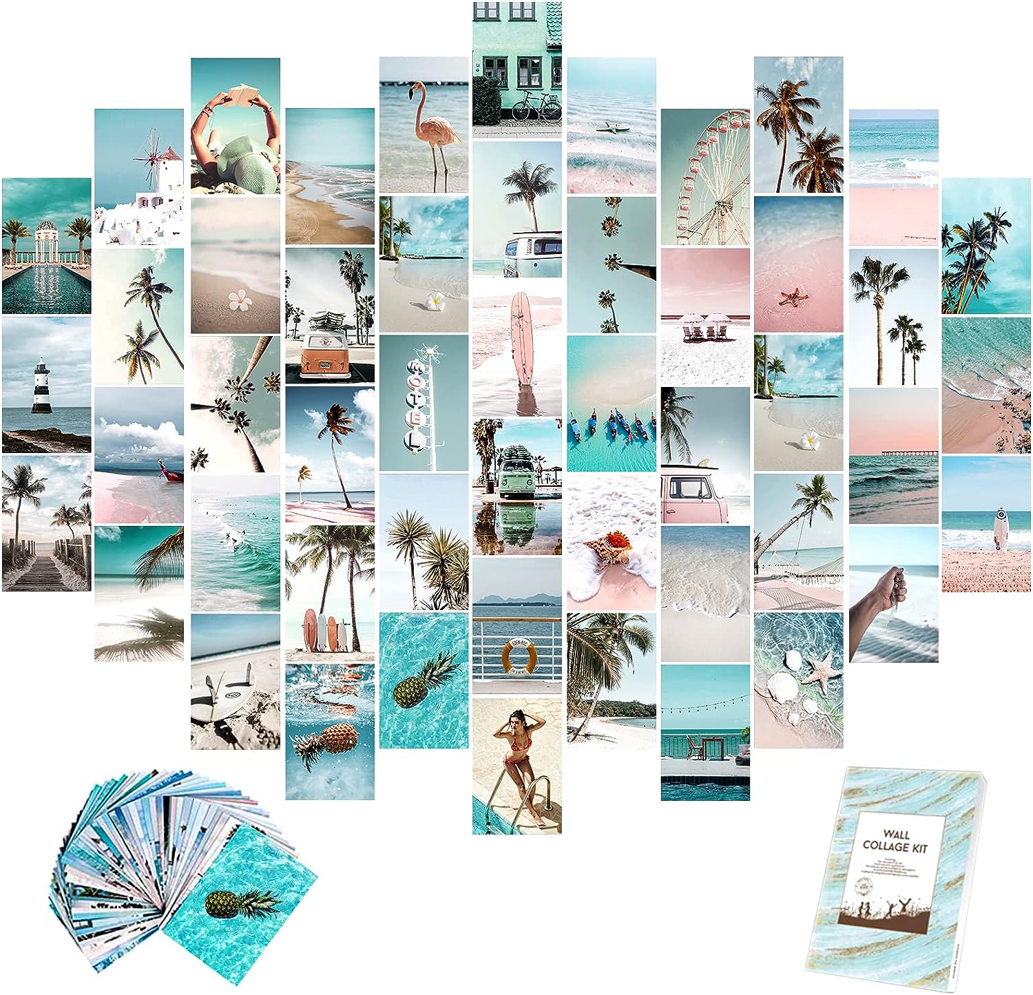 Teal Wall Collage Kit Aesthetic Pictures 50Pcs 4x6 Inch Summer Beach Collage Print Kit Vocation Posters for Room Decor Bule Photo Collage Kit for Wall Aesthetic Holiday Room Decor for Teen Girls