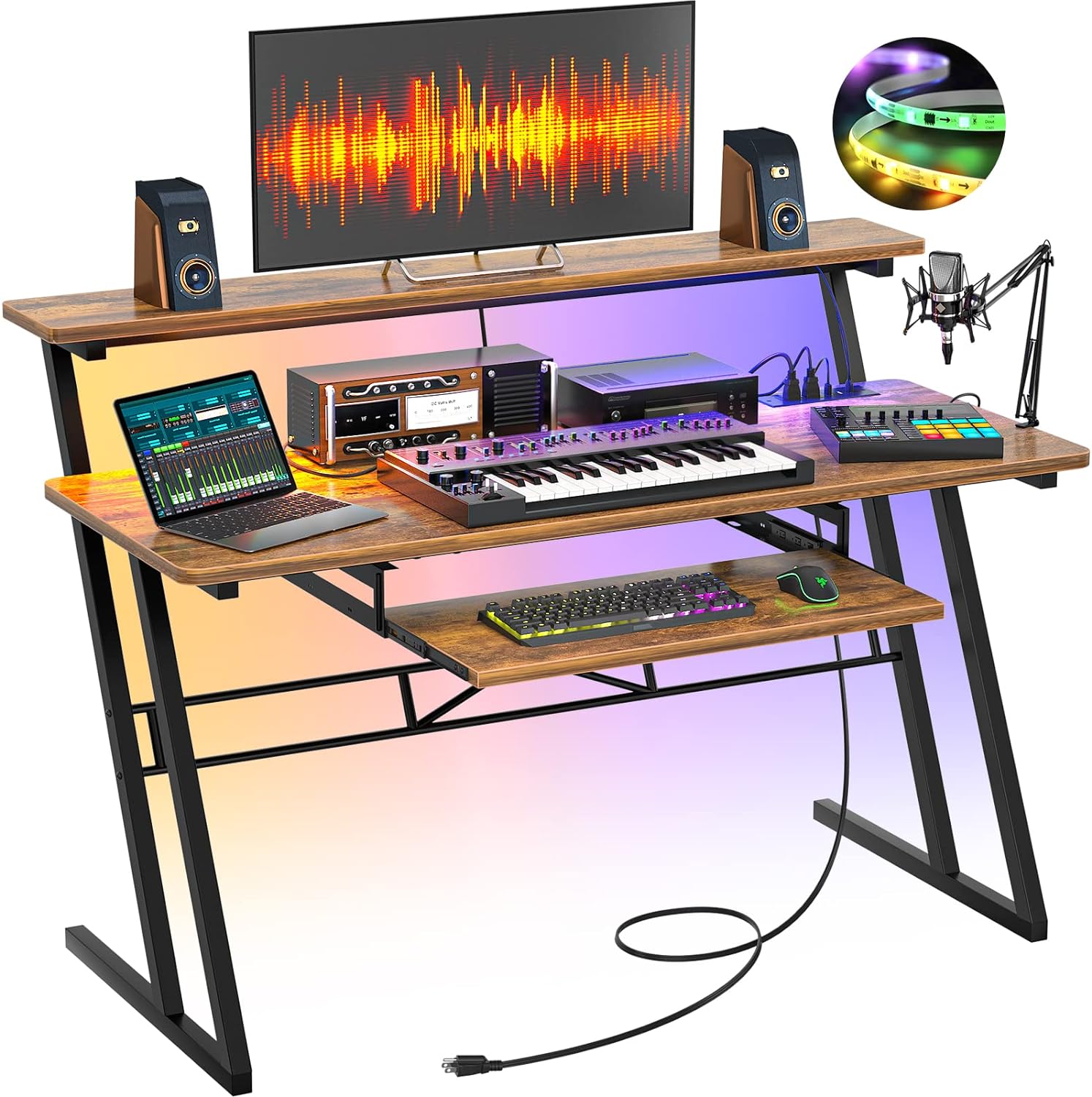 armocity Music Studio Desk with Power Outlets and RGB LED Lights, Music Production Desk for Recording, Studio Workstation Desk for Producer, Music Table for Studio, Rustic Brown