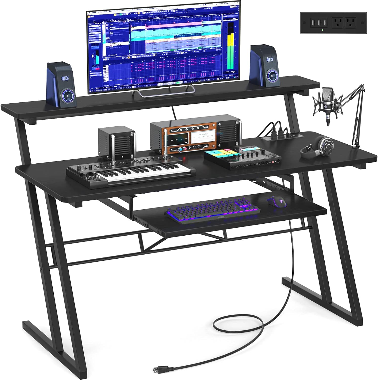 armocity 47'' Music Studio Desk with Power Outlet, Studio Desk for Music Production, Recording Studio Desk for Producer, Studio Workstation for Music Recording, Black[C]