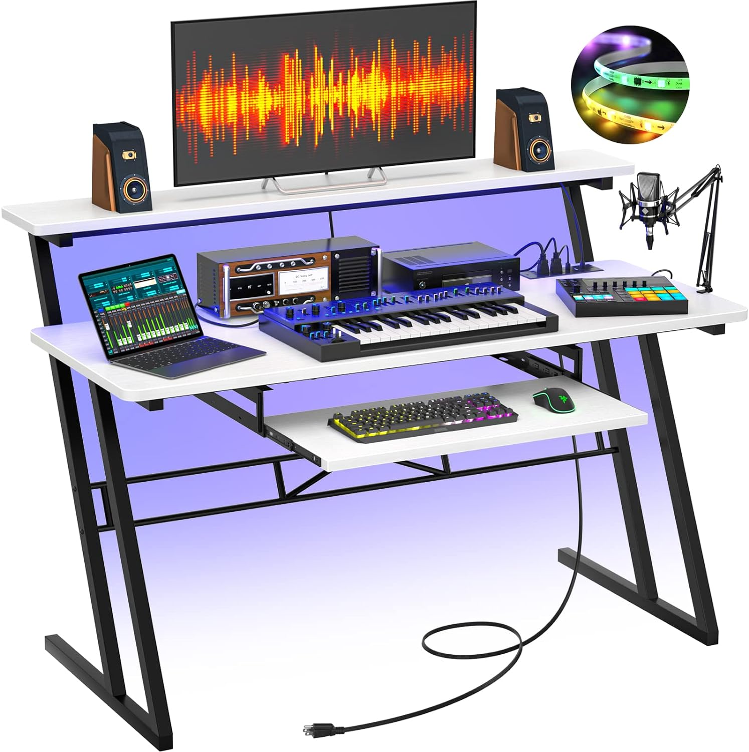 armocity Music Studio Desk with Power Outlets and RGB LED Lights, Music Production Desk for Recording, Studio Workstation Desk for Producer, Music Table for Studio, White