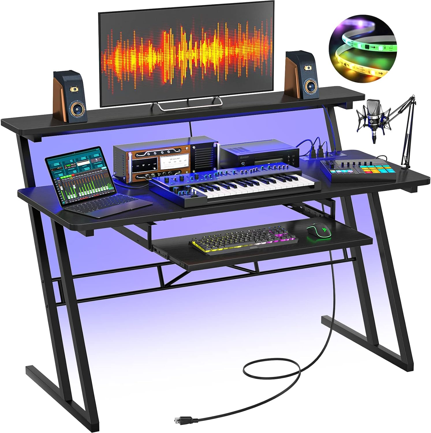 armocity Music Studio Desk with Power Outlets and RGB LED Lights, Music Production Desk for Recording, Studio Workstation Desk for Producer, Music Table for Studio, Black