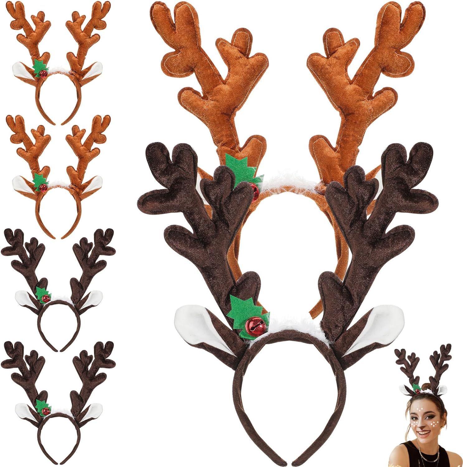 Zubebe 6 Pcs Christmas Reindeer Antlers Headband Cute Deer Antler Ears Headband with Bells Lighted Party Favor for Adult Kids(Dark Coffee, Tan, Classic)