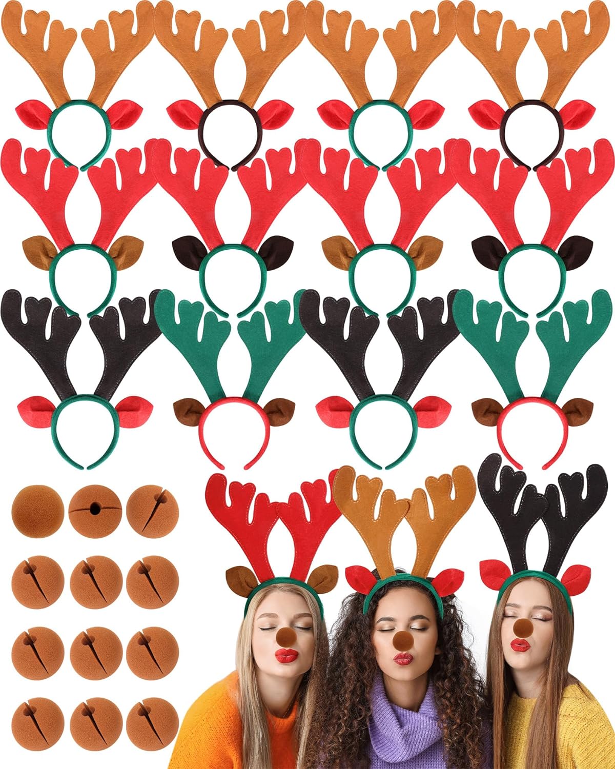 Zubebe 12 Pcs Christmas Reindeer Antlers Headbands with 12 Pcs Brown Nose Set Antler Headpiece Hair Accessory for Party (Multicolor)