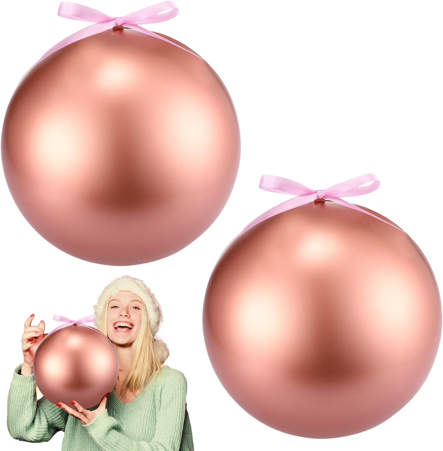 2 Pcs 8 Extra Large Size Christmas Hanging Ball Ornaments Oversized Huge Big Xmas Christmas Plastic Balls for Outside Lawn Yard Tree Hanging Decorations (Rose Gold)