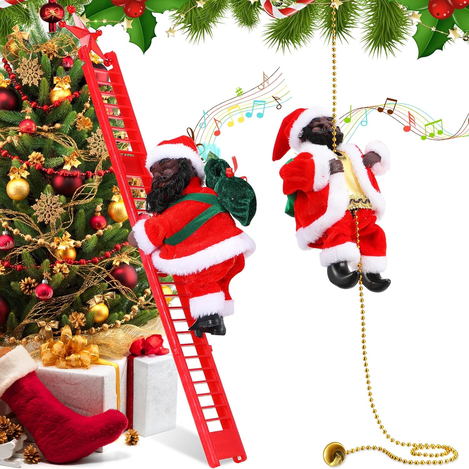 2 Pcs Electric Climbing Santa Claus Christmas Decoration African American Santa Clause Climbing Rope Ladder Musical Black Santa Climbing Ladder for Christmas Tree Novelty Hanging Ornaments Toys Xmas