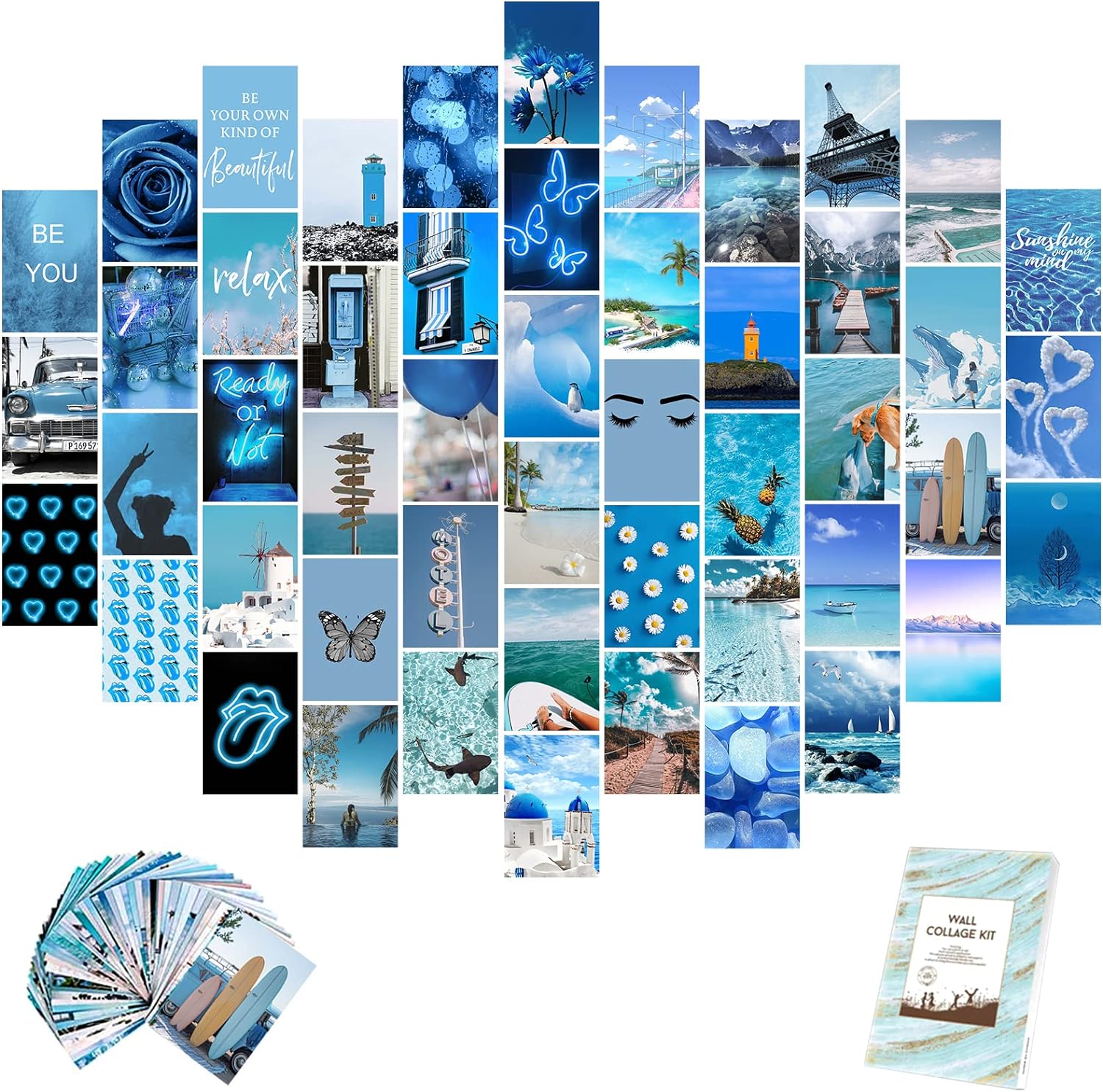 Blue Wall Collage Kit Aesthetic Pictures 50 Set 4x6 Inch Art Photos Collage Kit for Teen Girls and Women Summer Beach Wall Prints Kit VSCO Posters for Bedroom Trendy Neon Collage Kit for Wall