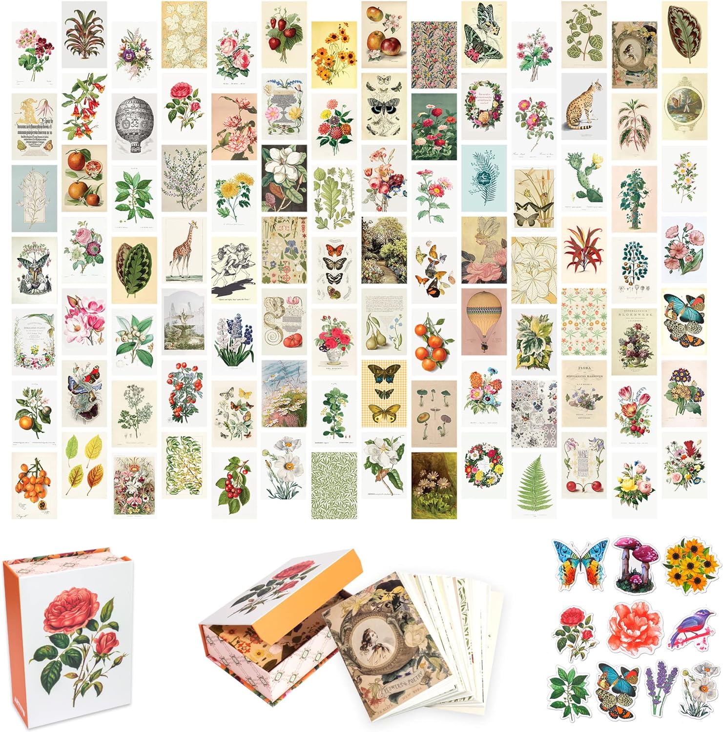 Artivo Wall Collage Kit Aesthetic Pictures, Vintage Wall Collage Kit 100 set 4x6, Bedroom Decor for Teen Girls, Botanical Flower Collage Kit for Wall Aesthetic Posters, Photo Collection