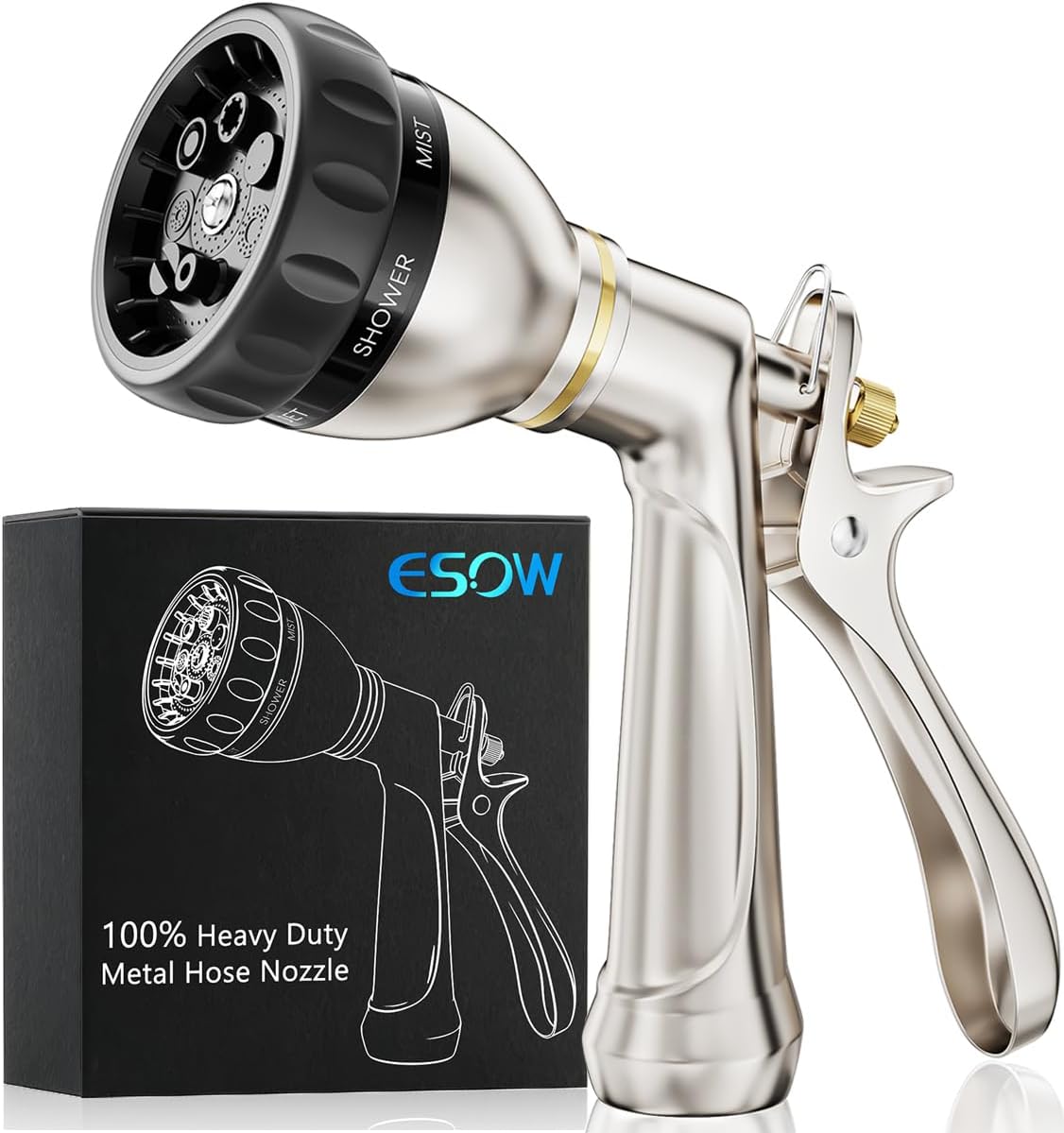 The sellers of the ESOW Garden Hose Nozzle should drop the ES in the name and replace with W...giving WOW. Because thats what I said to myself the minute I removed the product from the box. Made like the spray nozzles of old, this sleek beauty has an all metal body with a showy brushed satin nickel finish. Its a piece of working art, meticulously crafted to perfection.Needless to say, the assembly build is taught and beefy. The rubberized bezel dial that selects the 7-spray patterns rotate