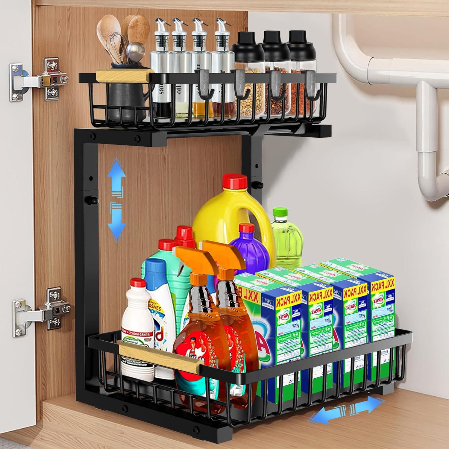 Under Sink Organizer: Adjustable Height 2-Tier Under Bathroom Sink Organizers Multi-Purpose Bathroom Cabinet Pull Out Drawers for Kitchen Cabinets with Hooks