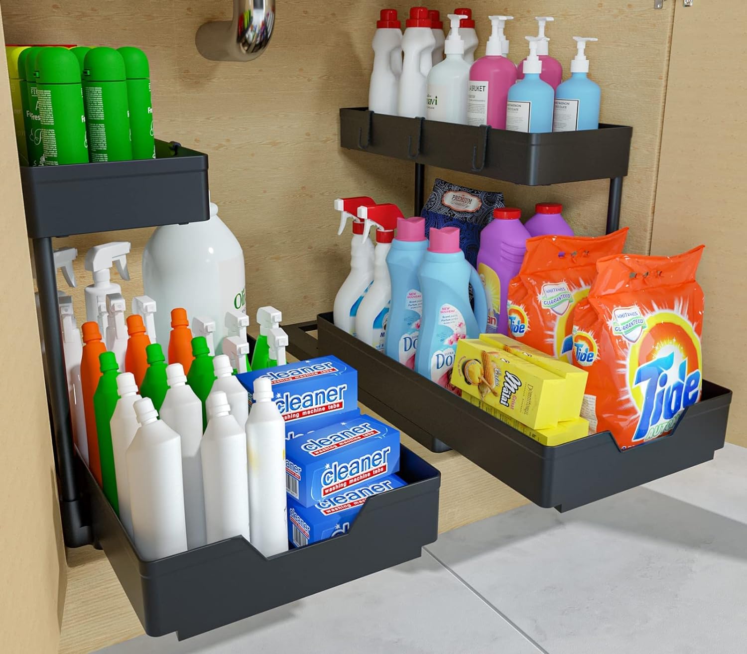 Under Sink Organizers, 2 Pack Sliding L-shape Cabinet Organizers Narrow Space Storage Multi-purpose Sink Organizer for Bathroom Kitchen Drawer (Black, 2 pack)
