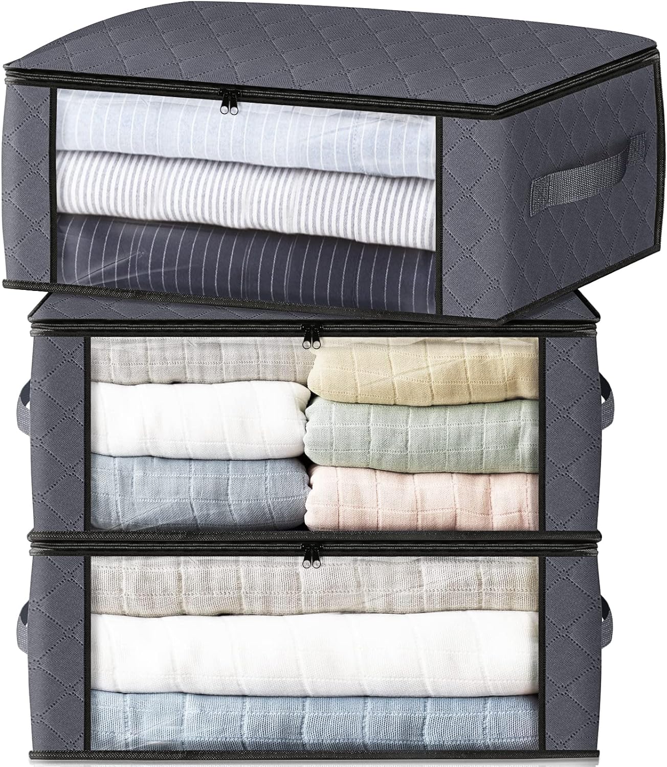 HomeHacks Storage 3-Pack Clothes Organizer Storage Bags Foldable Storage Box with Large Clear Window Sturdy Handles for Closet, Dorm, Pillows, Bedding, Clothes, Stuffed Toys, Blankets, 35L, Grey