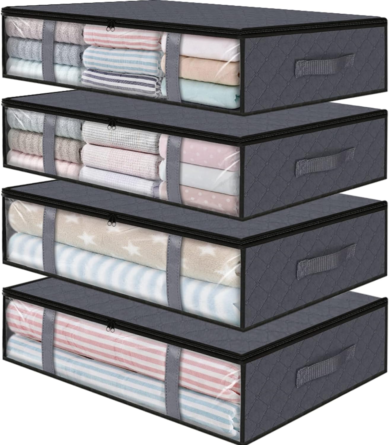 StorageRight Storage Bins Clothes Storage, Foldable Blanket Storage Bags, Under Bed Storage Containers for Organizing, Clothing, Bedroom, Comforter, Closet, Dorm, Quilts, Organizer, 4-Pack Grey