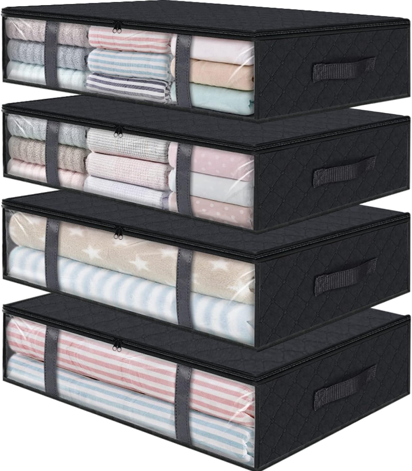 StorageRight Storage Bins Clothes Storage, Foldable Blanket Storage Bags, Under Bed Storage Containers for Organizing, Clothing, Bedroom, Comforter, Closet, Dorm, Quilts, Organizer, 4-Pack Black