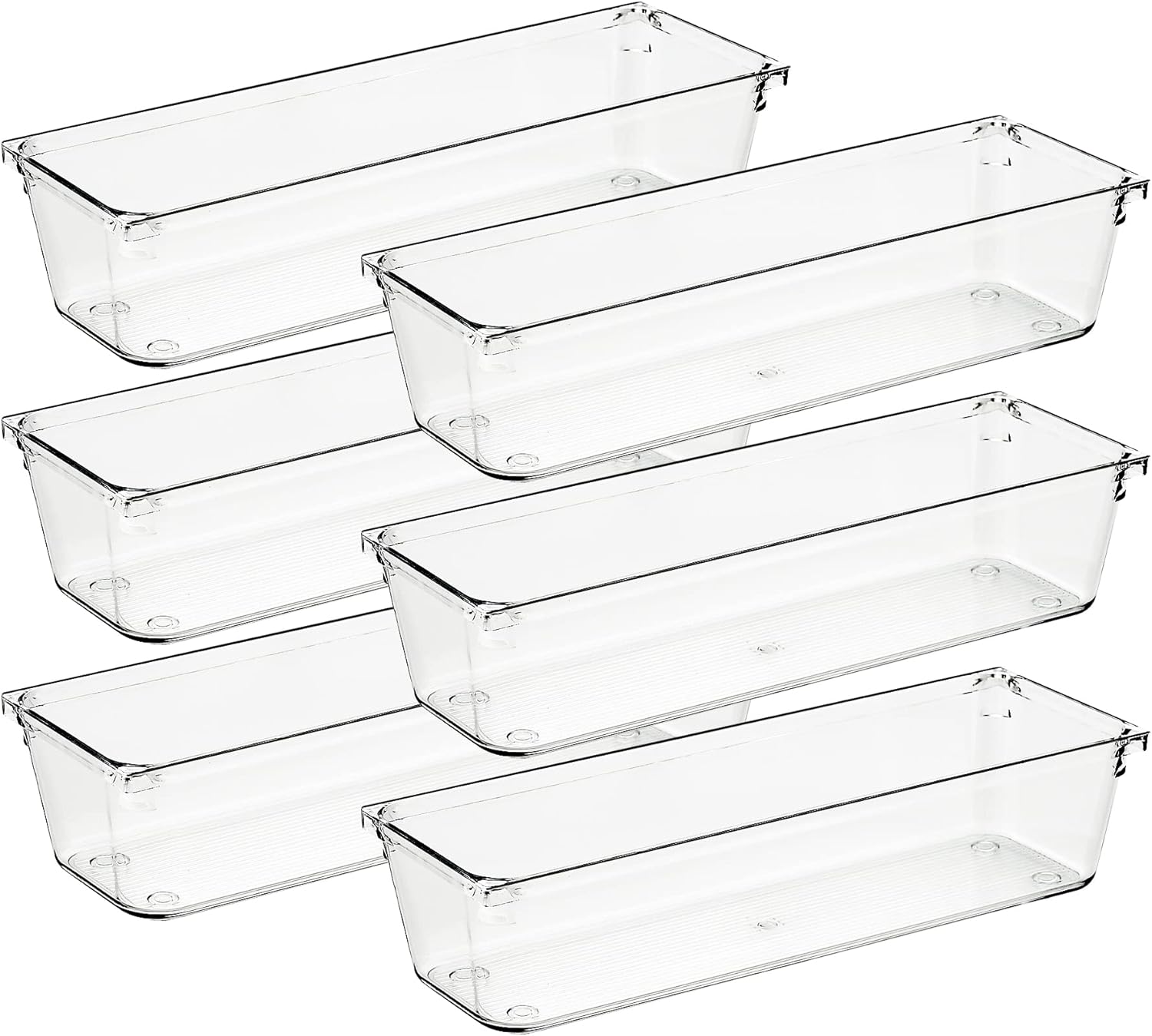 Ravinte 6 Pack Drawer Organizer - 3 X 9 Plastic Storage Bins, Acrylic Organizers with Non-Slip Pads Clear Desk Storage Tray for Makeup, Jewelries, Kitchen Utensils, Bathroom and Office
