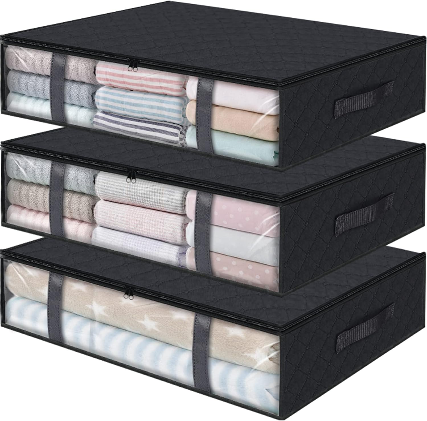 StorageRight Storage Bins Clothes Storage, Foldable Blanket Storage Bags, Under Bed Storage Containers for Organizing, Clothing, Bedroom, Comforter, Closet, Dorm, Quilts, Organizer, 3-Pack Black