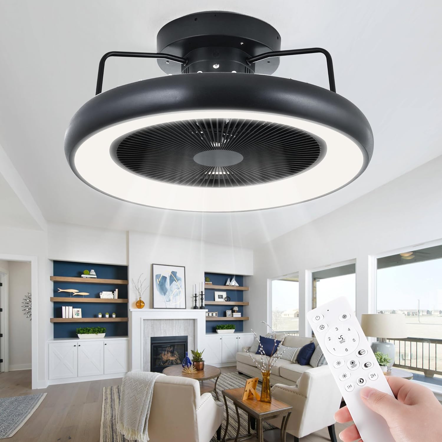 This ceiling fan is the best one on the market right now. You wouldnt even know the fan was on, thats how quiet it is. The technology is awesome on this; it sucks air up or blows air down you choose! Its bladeless which is the best feature, its not like your regular old ceiling fan. Its sleek, modern, large but not too big where it over powers the room. Its perfect. The light can be adjusted from warm to bright. All you have to do is down load the app and youll have a remote control righ