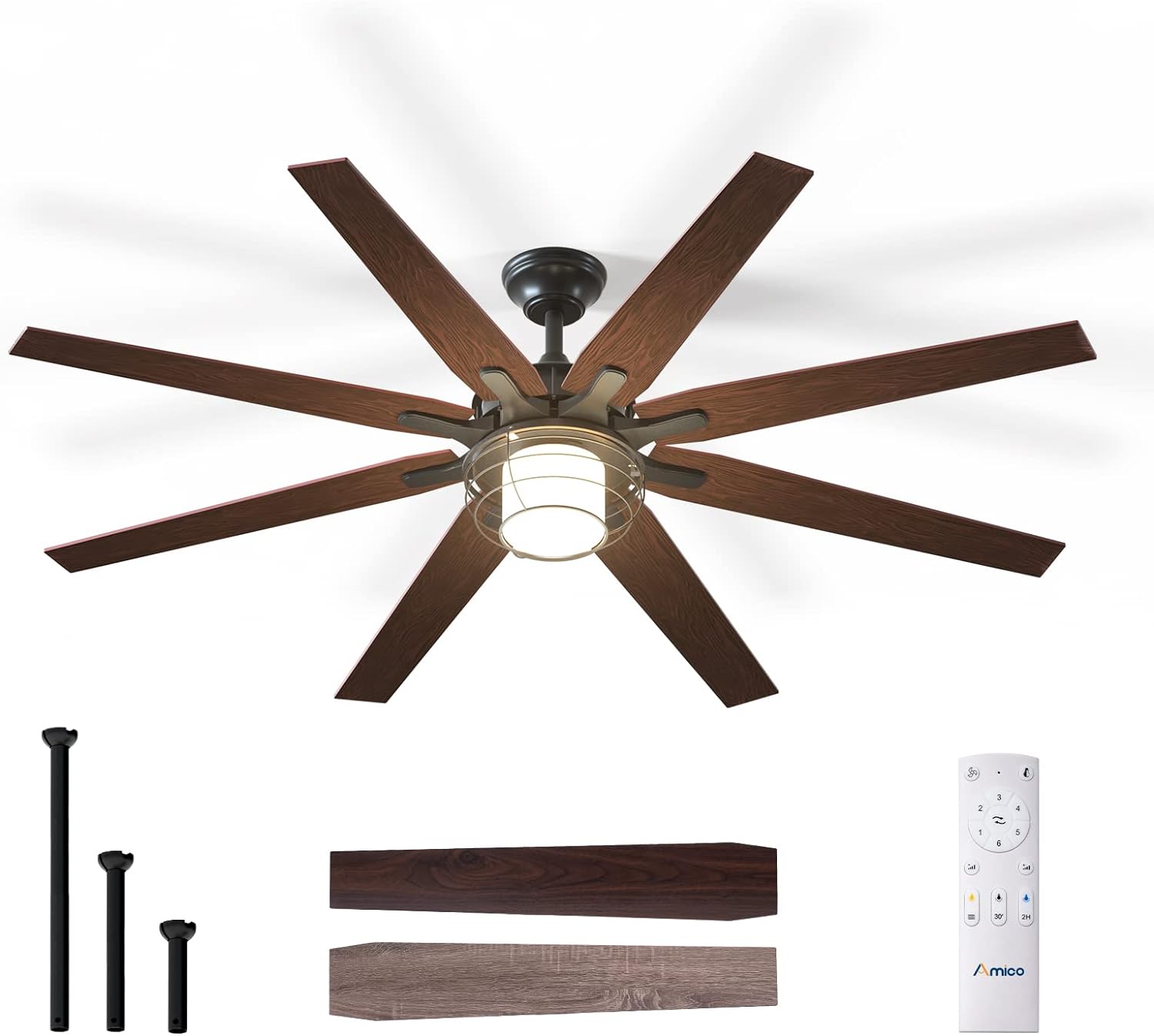 This fan is just the right size for our living room, not too big and not too small. It moves the air around nicely. The light is ok and has options for color and dimming. Email customer service with questions BEFORE I order and they where very helpful. Installation was a little tricky but very doable. This fan is different and very eye catching