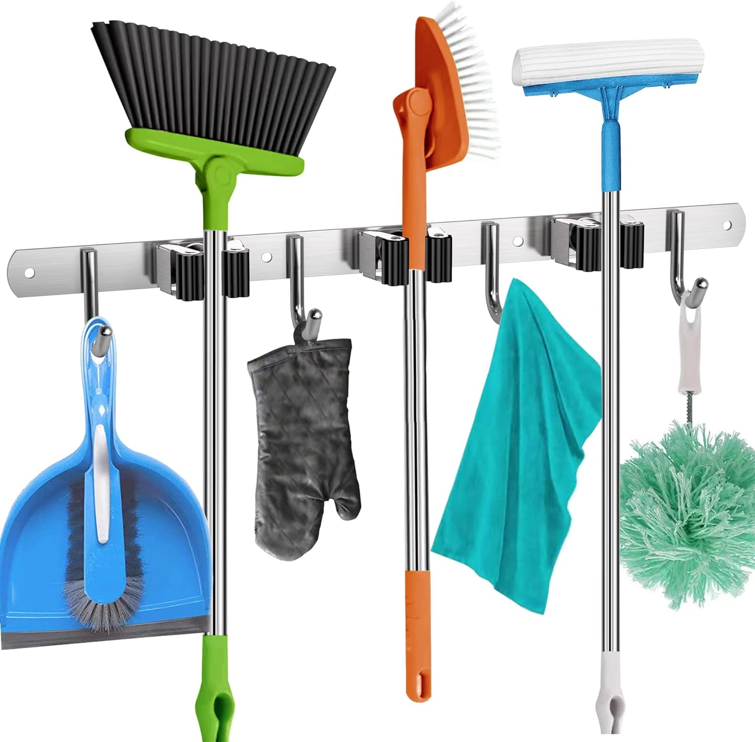 Mop and Broom Holder Wall Mount Self Adhesive - Broom Hanger Wall Mount - Mop Holder Wall Mounted - Broom Rack - Utility Hooks for Broom and Mop Organizer Wall Hanging - Broom Closet Organizer Storage