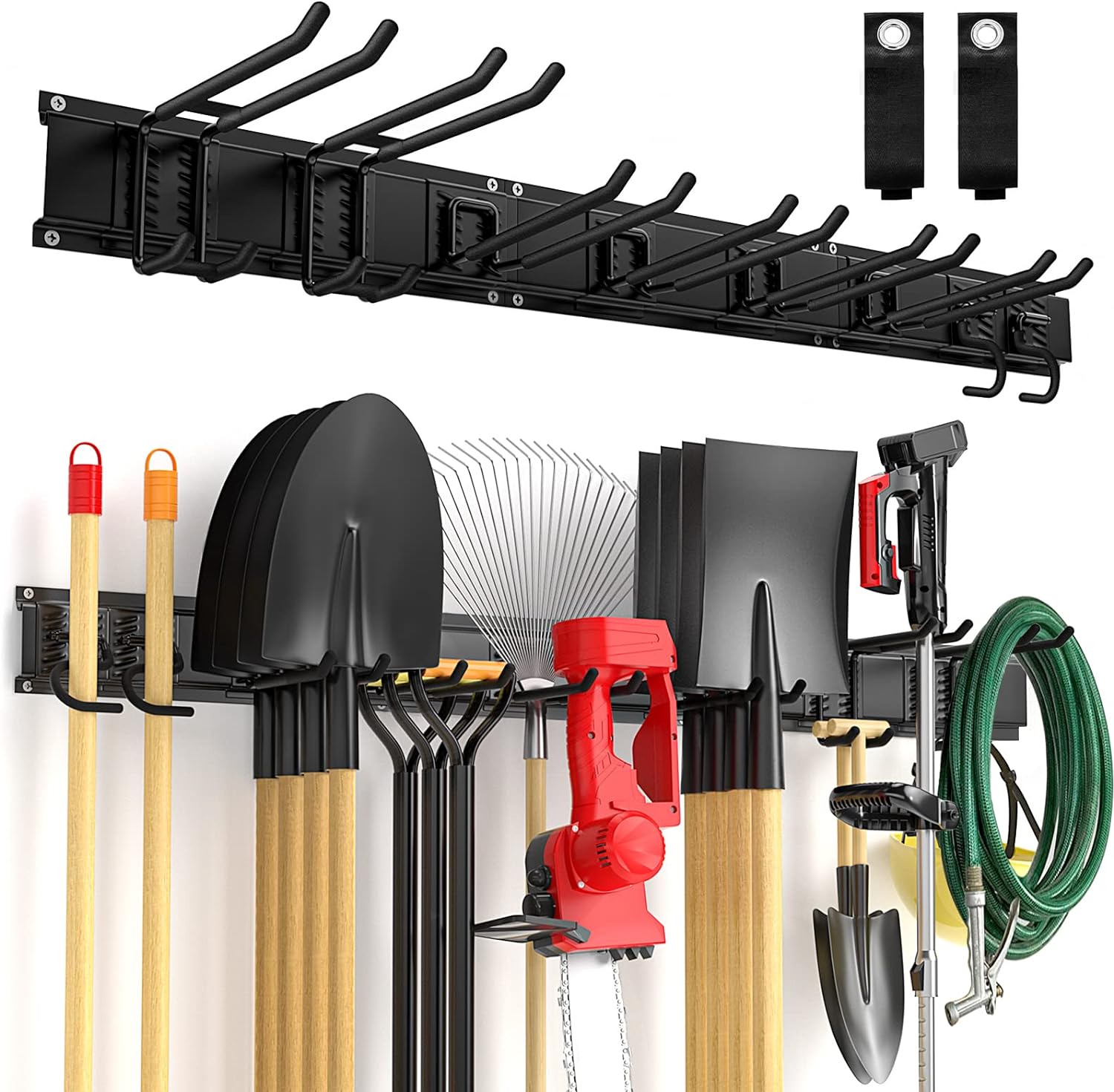 Garage Tool Organizer Wall Mount 11 PCS, Yard Garden Tool Organizer, Adjustable Garage Organizers with 8 Heavy Duty Hooks, Max Load 500lbs Garage Storage for Garden Tools, Shovels, Trimmers, Hoses
