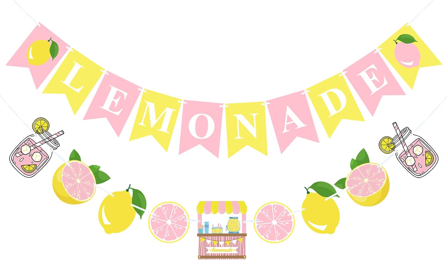 This banner is so fun - the colors are perfect, the yellows and pinks are bright but not obnoxiously so. It would be great for a first birthday party, shower (bridal or baby), or any sort of event. My daughter is adding it to to the lemonade stand we've been building so she can draw in customers at our next local garage sale event.She loves the details in the banner - especially the cute mason jars full of lemonade!
