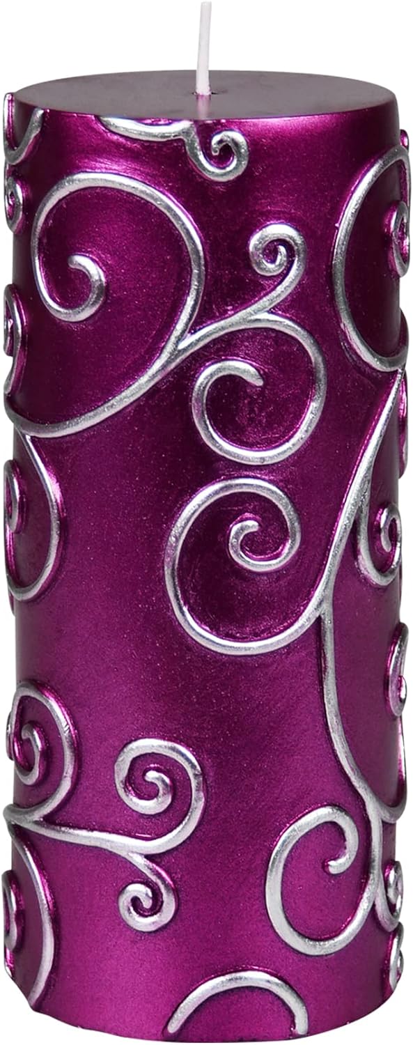 Ordered this candle for a Christmas Advent program.The color purple is a deep rich color with decorative 3D silver scrolls.Beautiful!