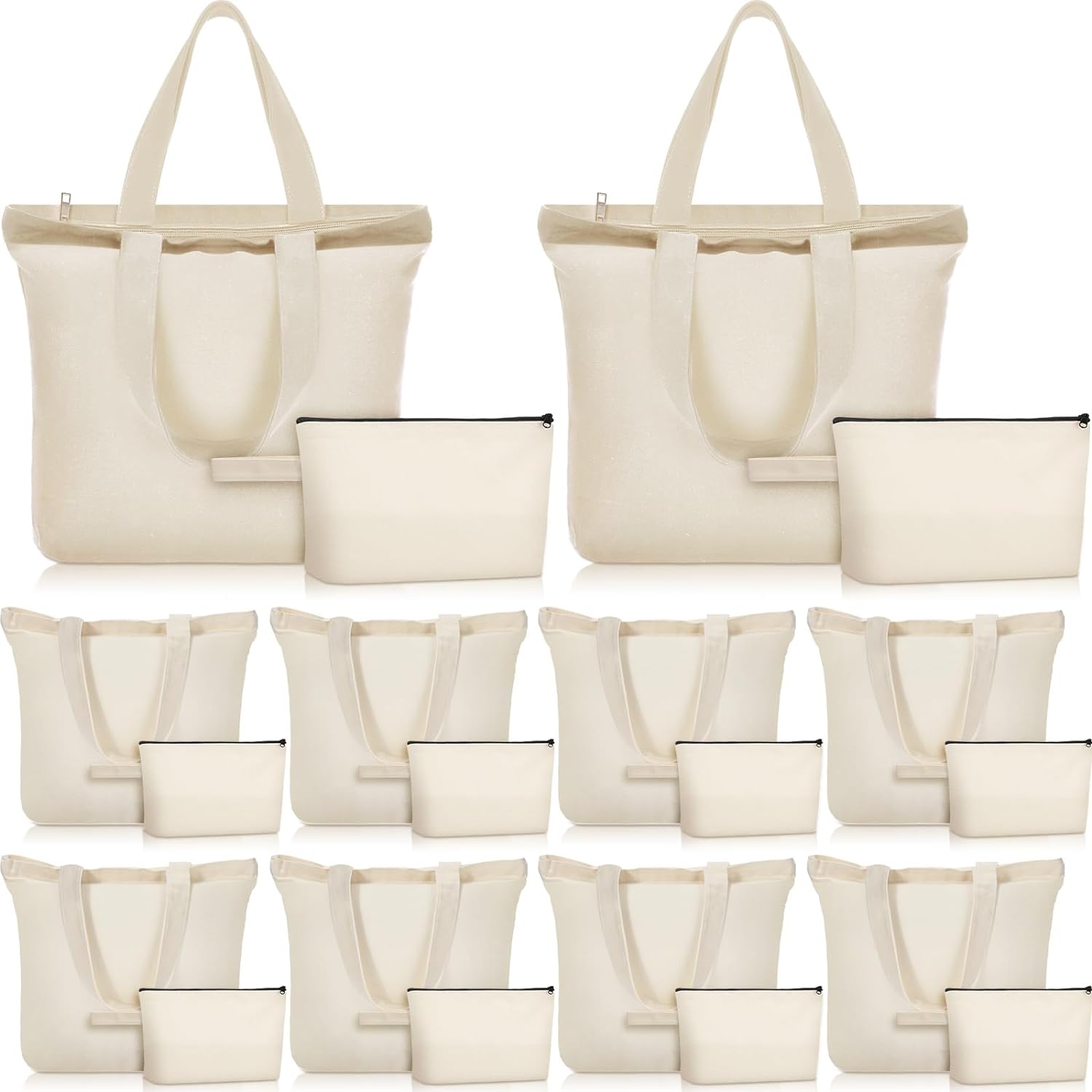 20 Pcs Tote Bag with Zipper, Cotton Canvas Makeup Bag Kitchen Reusable Grocery Bags Blank Canvas Totes with Handles