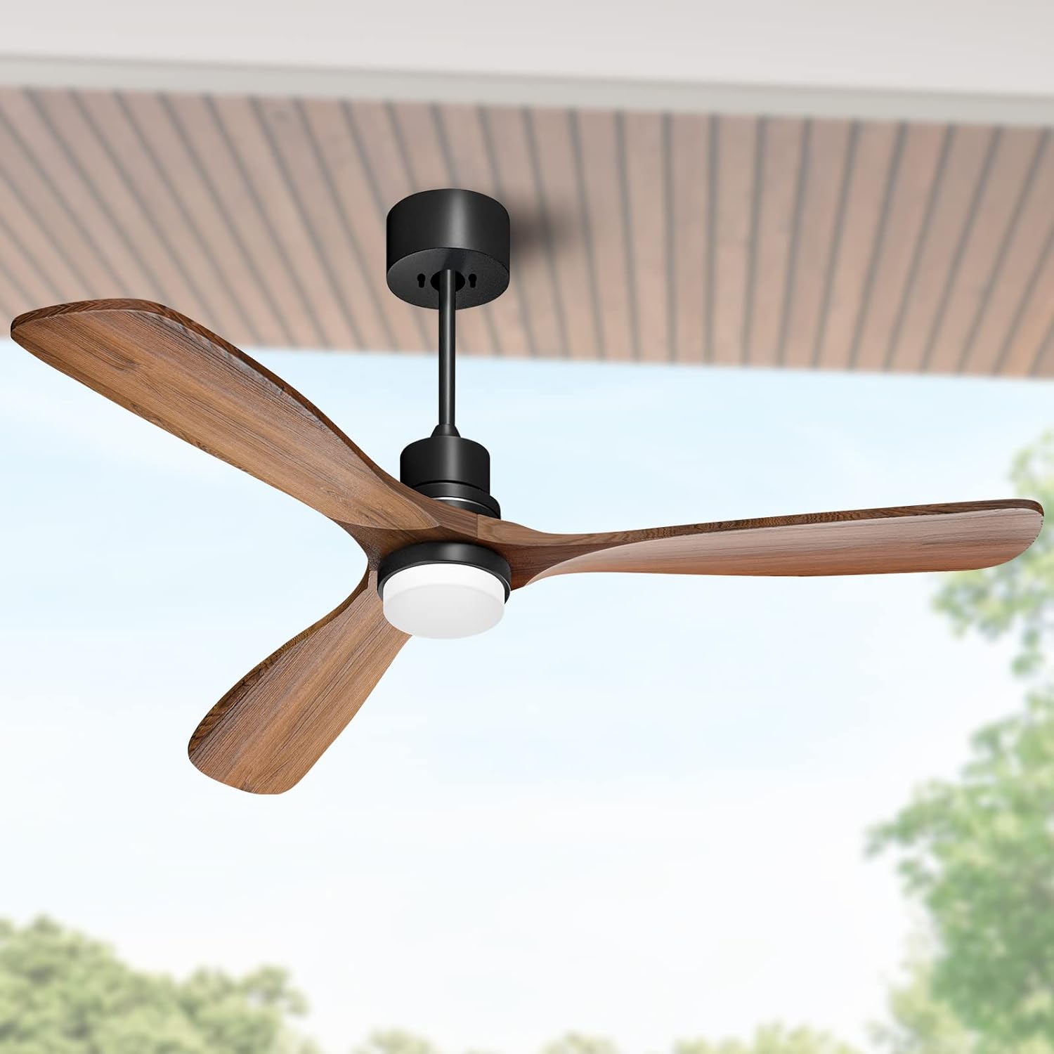 We were looking to replace our covered patio fans and this one became a contender because of the styling. It also has solid wood blades and is wet rated -- both things we wanted in our new fans.We decided to take a chance due to the coupon being offered at the time as well and picked up two. The fans look great! They are quiet and move plenty of air. The fan has a 'breeze' mode where it picks up speed and slows down in intervals giving you a nice breeze -- I thought it was gimmicky until I tried