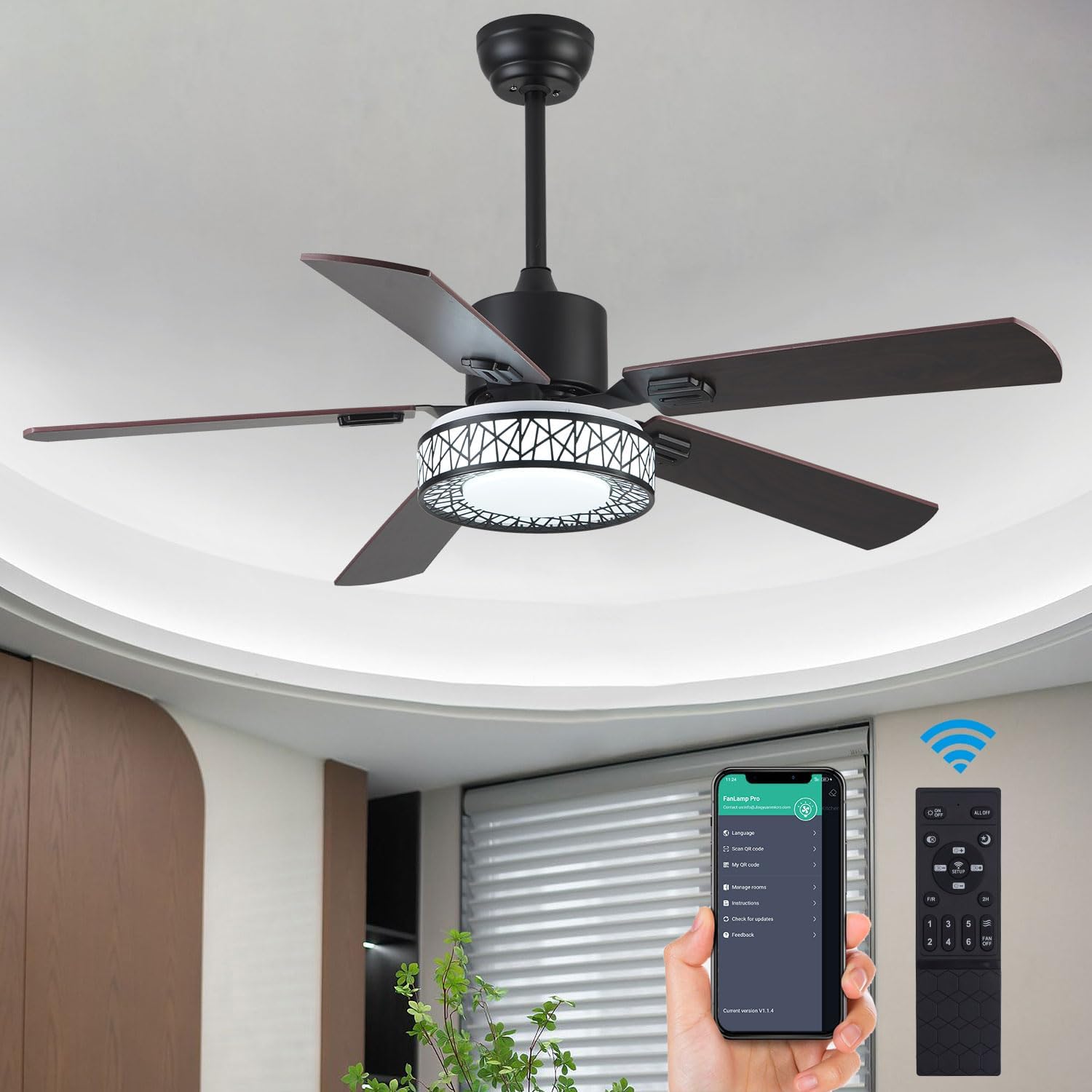 This is the second time Ive gotten this style fan, and its almost identical to my first purchase but with some upgraded features. It was easy for my husband to hang and all parts were accounted for, flush mounted for our standard height ceilings, and gives off very bright light.the remote is easy to operate and I keep it in the drawer of my nightstand so I dont even need to get out of bed at night to turn it down when I get too cold (which happens often because it generates lots of power on t