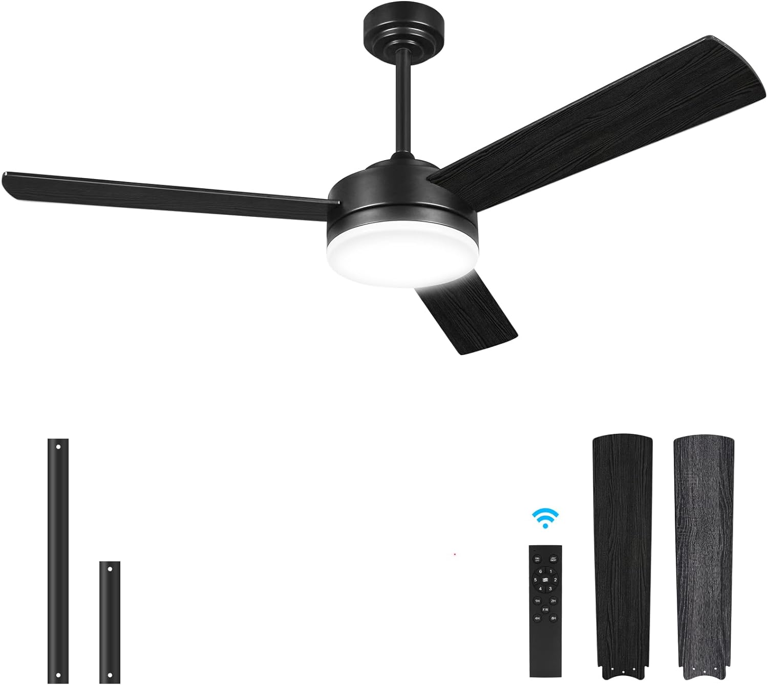 Updated: Liked the first fan so much I bought a second one for the living room. The matte black finish and clean contemporary style goes perfectly in our new home. People assume it was original to the house. Same quiet and stable fan as in the bedroom. Love It!Was looking for a matte black, modern style, ceiling fan for the bedroom. Which means it would need to be quiet and balanced. This fan nailed it! Super stable at all speeds, no wobble, and is super quiet. It includes lots of features that 