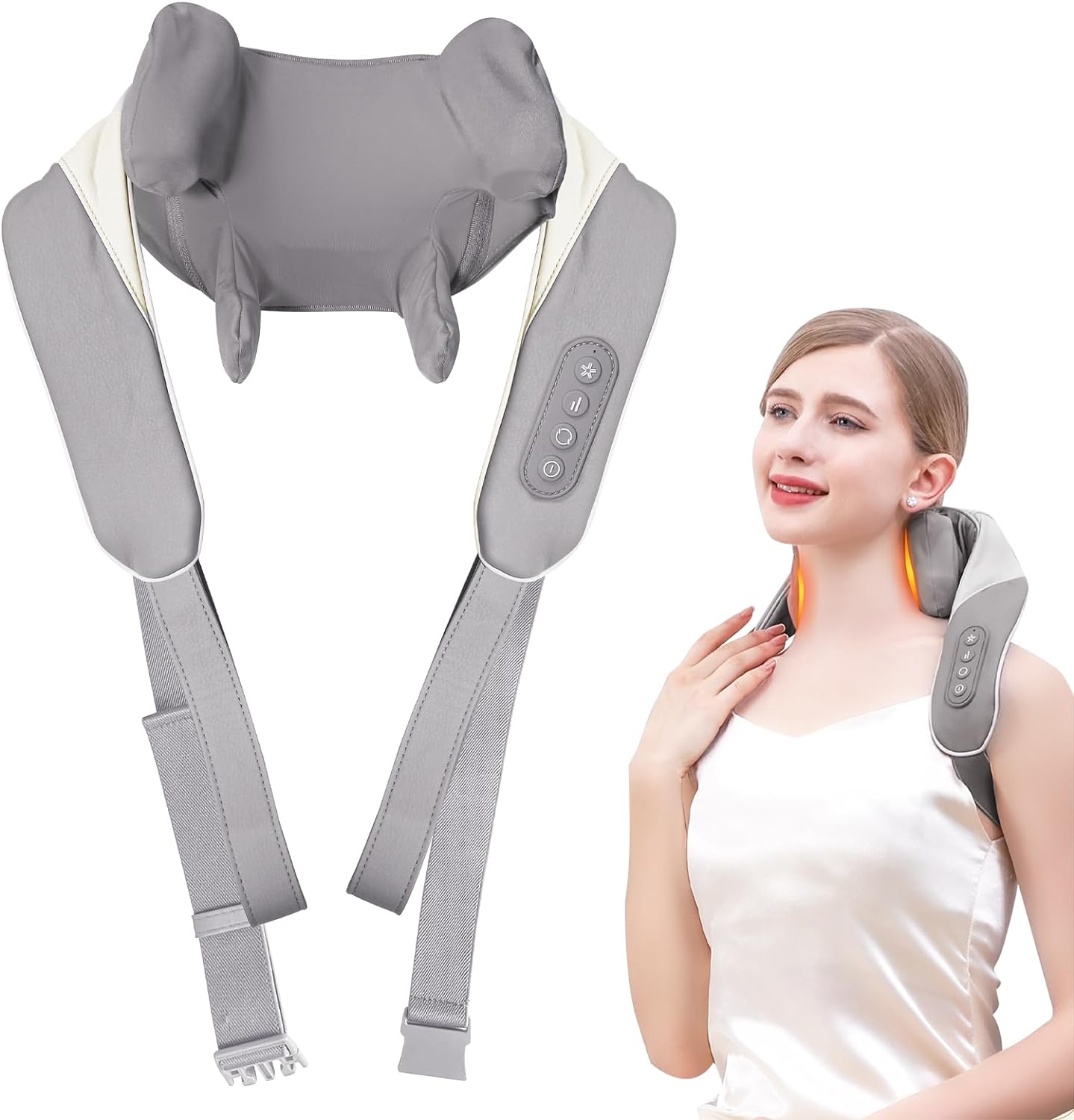 This review is for YAEIY Upgrade Wider Massager, Electric Kneading Neck Massager, Neck and Back Massager with Heat for Pain Relief Deep Tissue, Neck Massager Cordless for Women, Home, Office, and Car Use, BeigeI have a very thick neck, and find that a lot of massagers of this type are too narrow. This one is better, but I would still like just a little more room. I would also like the loop handles/straps to be a little longer.Even so, this massager works wonders for me. It feels amazing. My wi
