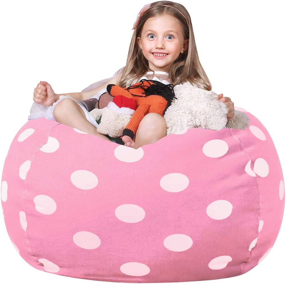 Wekapo Stuffed Animal Storage Bean Bag Chair Cover for Kids | Stuffable Zipper Beanbag for Organizing Children Plush Toys Large Premium Cotton Canvas (Pink Dot, X-Large)