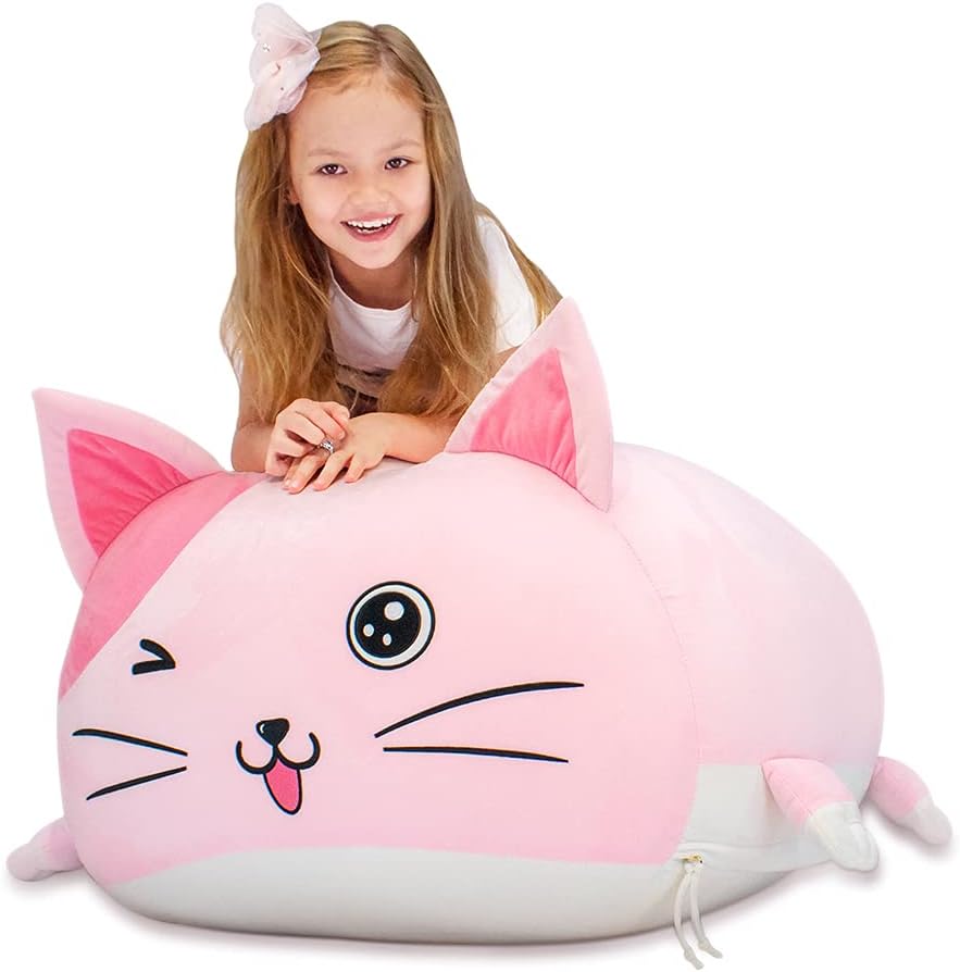 Cute Cat Bean Bag Chair for Kids, Pink Stuffed Animal Storage Beanbag Chairs for Girls Room Decor, Extra Large Size, Velvet Super Soft Cover Only