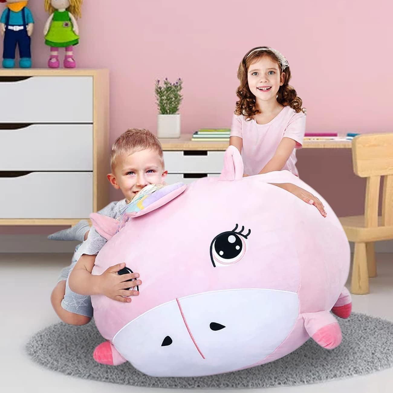 Girls Unicorn Bean Bag Chair Pink, Stuffed Animal Storage Organizer for Kids Room Decor, Extra Large Size, Velvet Super Soft Cover Only