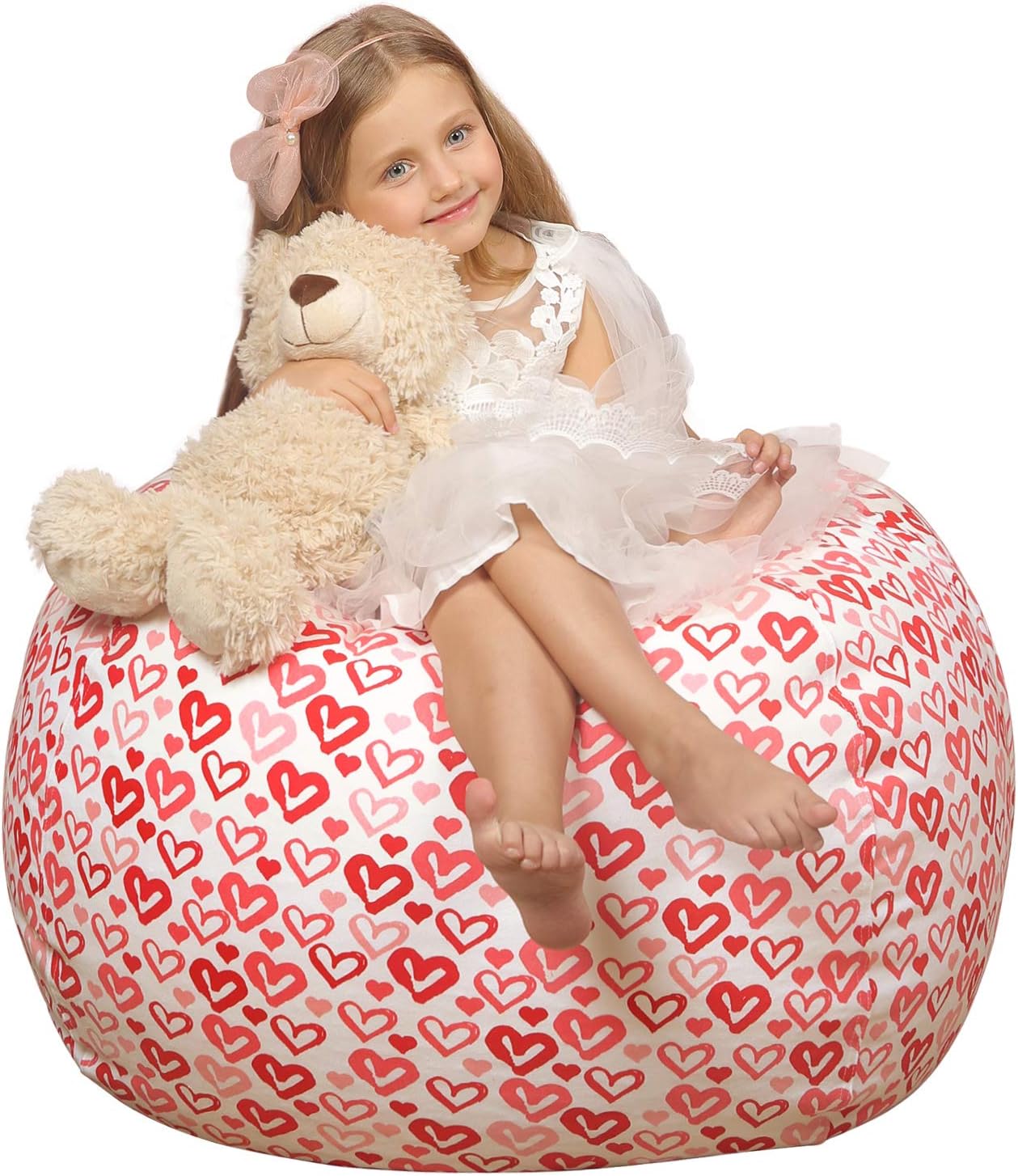 Wekapo Stuffed Animal Storage Bean Bag Chair Cover for Kids | Stuffable Zipper Beanbag for Organizing Children Plush Toys Large Premium Cotton Canvas (Heart, X-Large)