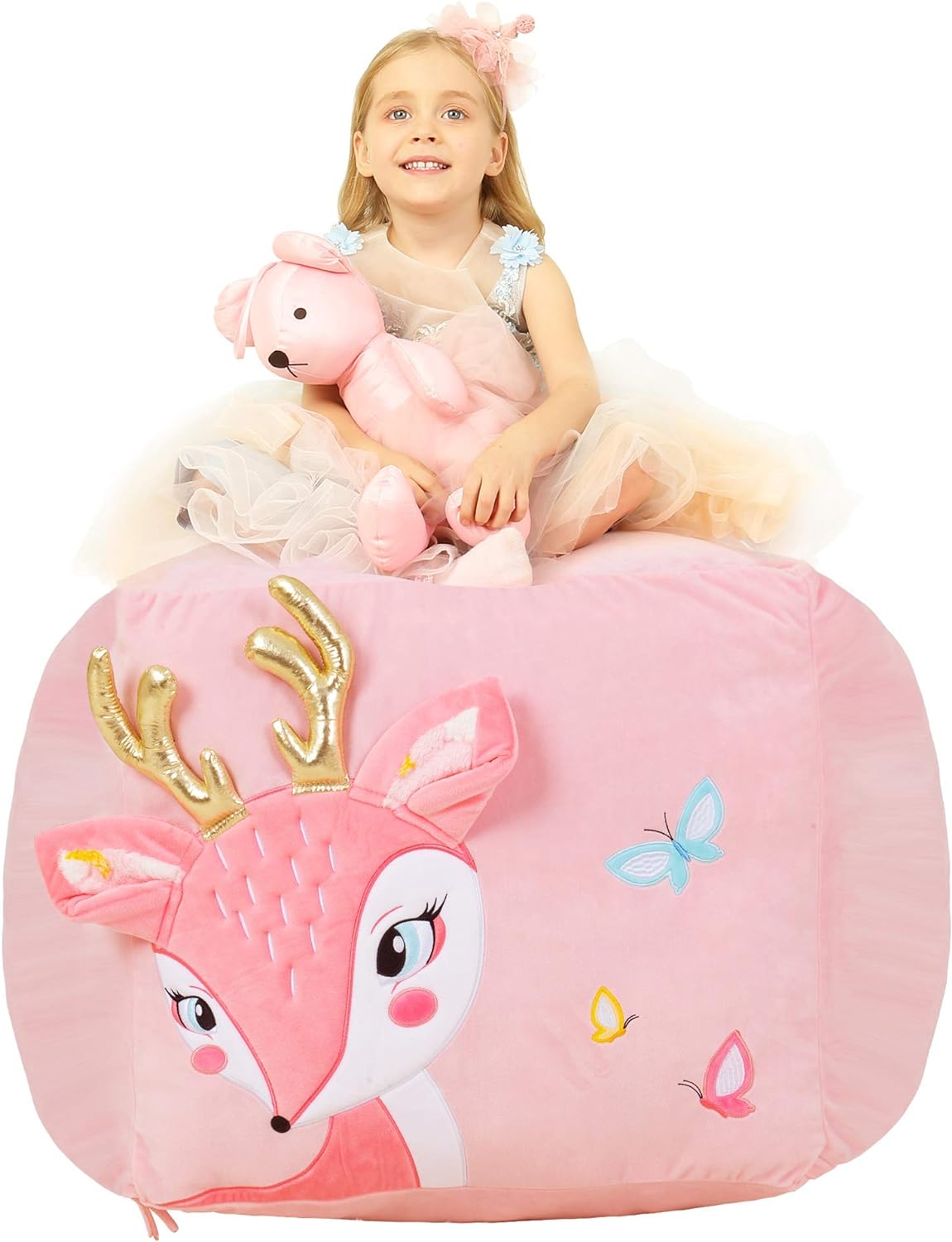 Sika Deer Stuffed Animal Storage Bean Bag Chair for Girls Room Decor, Kids Plush Organization, Super Soft Velvet Fabric Large Size Covers Only