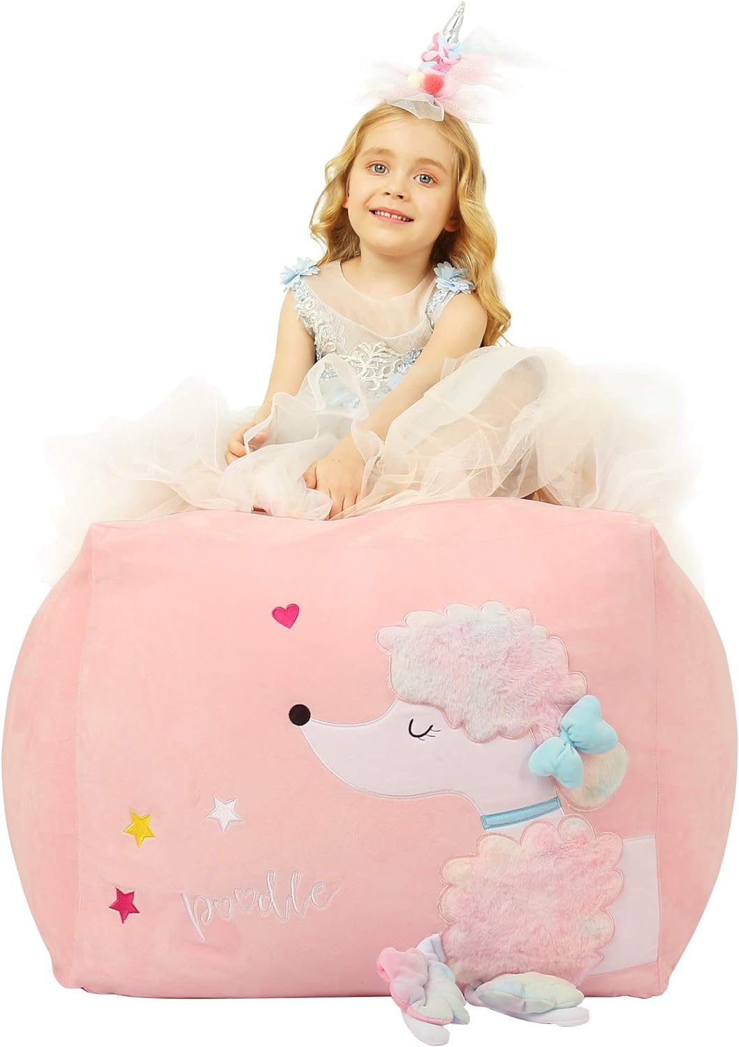 Kids Bean Bag Chairs Pink, Poodle Toy Organizers and Storage for Girls BedRoom, Velvet Fabric Super Soft Extra Large Cover Only