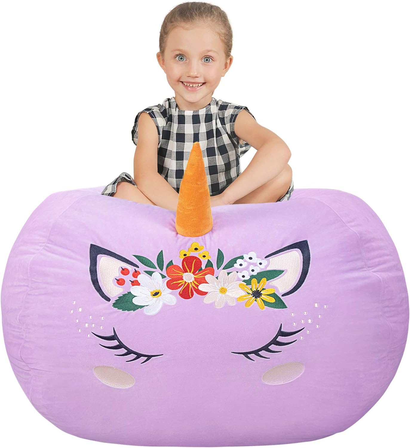 Aubliss Stuffed Animal Storage, Velvet Bean Bag Chairs Cover, Large 32 Ultra Soft Kids Toy Storage Organizer for Blankets Towels Clothes, Purple Floral