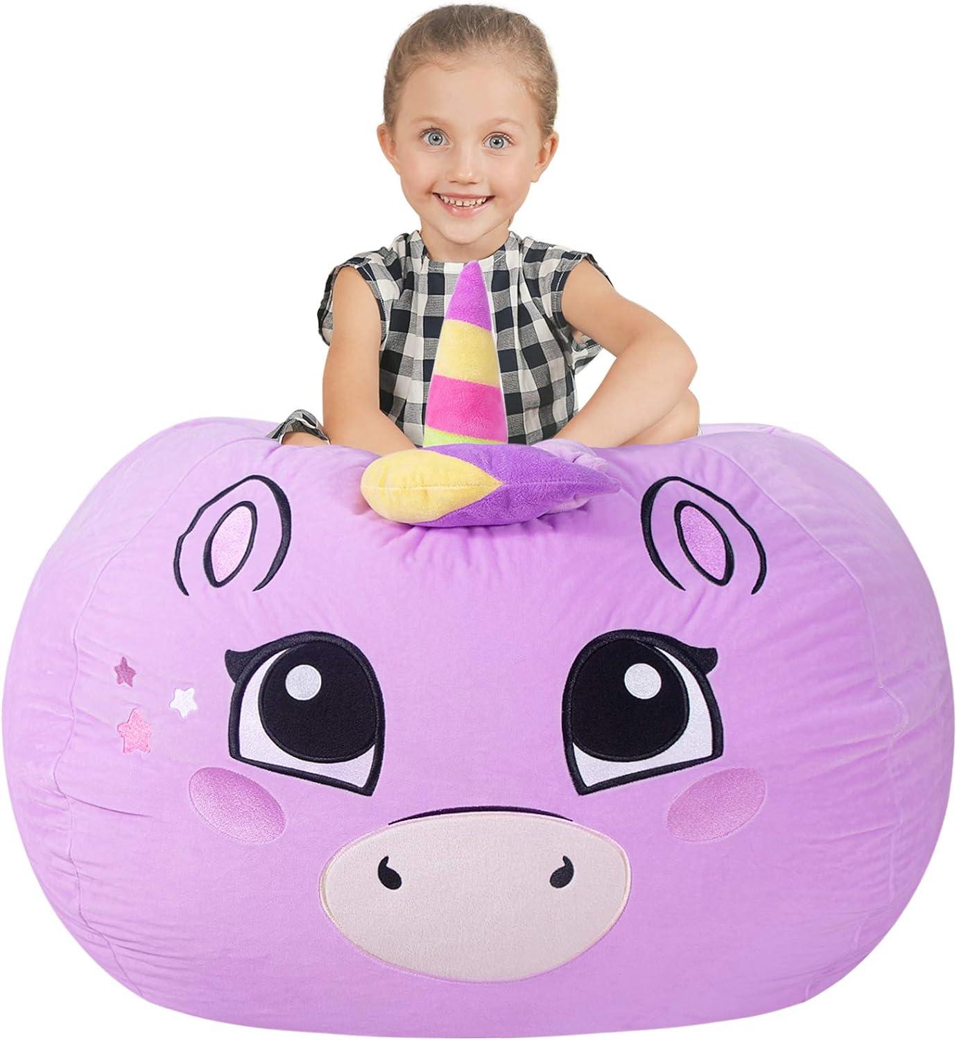 Aubliss Stuffed Animal Storage, Velvet Bean Bag Chairs Cover, Large 32 Ultra Soft Kids Toy Storage Organizer for Blankets Towels Clothes Home Supplies, Purple Big Eyes