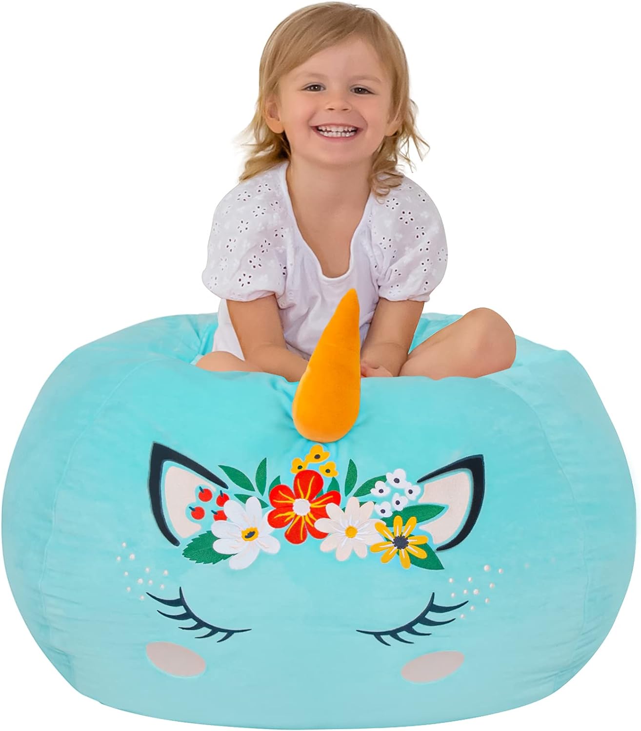 Aubliss Stuffed Animal Storage, Velvet Bean Bag Chairs Cover, X-Large 38 Ultra Soft Kids Toy Storage Organizer for Blankets Towels Clothes Toys, Cyan Floral