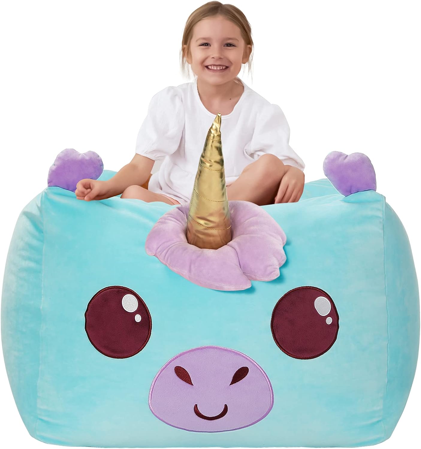 Aubliss Unicorn Stuffed Animal Storage Bean Bag Chair for Kids, Velvet Extra Soft Beanbag Chairs Cover, X-Large Stuffable Zipper Bean Bag for Organizing Plush Toys Girls Bedroom Decor, Cyan