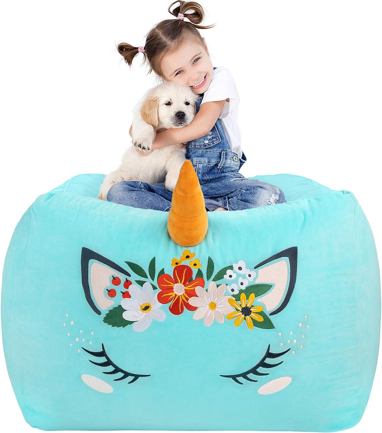 Aubliss Unicorn Stuffed Animal Storage Bean Bag Chair for Kids, Velvet Extra Soft Beanbag Chairs Cover, X-Large Stuffable Zipper Bean Bag for Organizing Plush Toys Girls Bedroom Decor, Cyan Floral