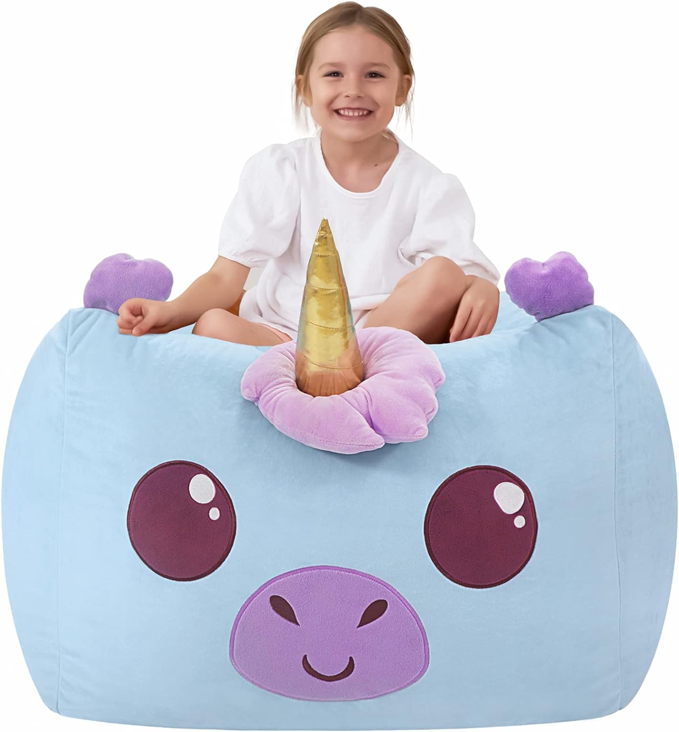 Aubliss Unicorn Stuffed Animal Storage Bean Bag Chairs for Kids, Velvet Extra Soft Beanbag Chair Cover, X-Large Stuffable Zipper Bean Bag for Organizing Plush Toys Boys Girls, Blue