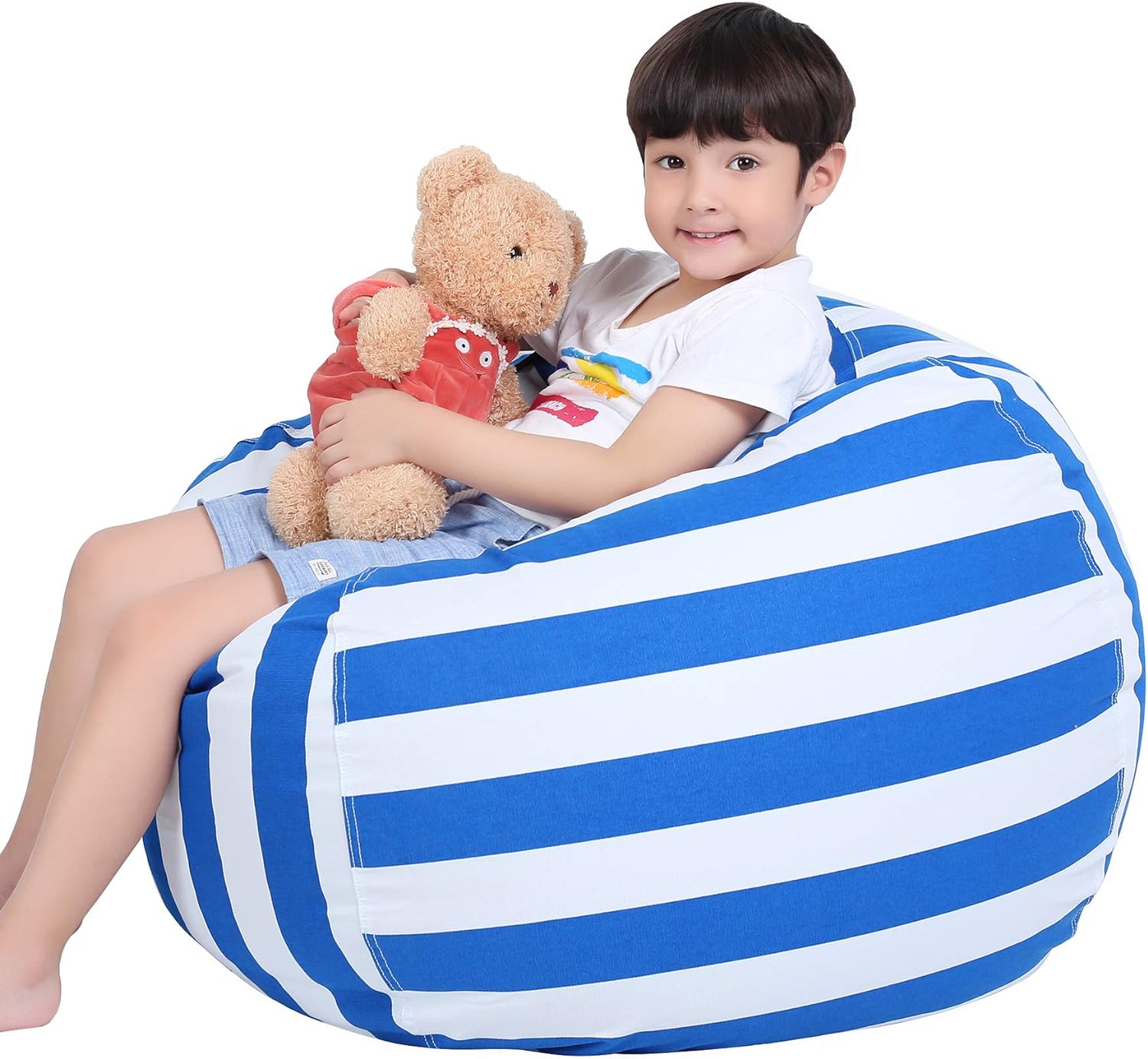 Lukeight Stuffed Animal Storage Bean Bag Chair Cover for Kids, Zipper Beanbag Chair Cover for Organizing Toddler & Kids' Rooms Plush Toys (Blue white, X-Large)