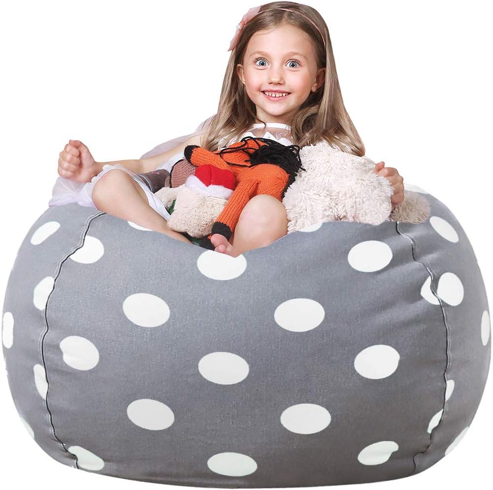 Wekapo Stuffed Animal Storage Bean Bag Chair Cover for Kids | Stuffable Zipper Beanbag for Organizing Children Plush Toys Large Premium Cotton Canvas (Gray Dot, X-Large)